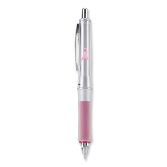 Pilot Dr. Grip Center of Gravity Breast Cancer Awareness Ballpoint Pen, Retractable, Medium 1mm, Black Ink, Silver/Pink Barrel (36192)