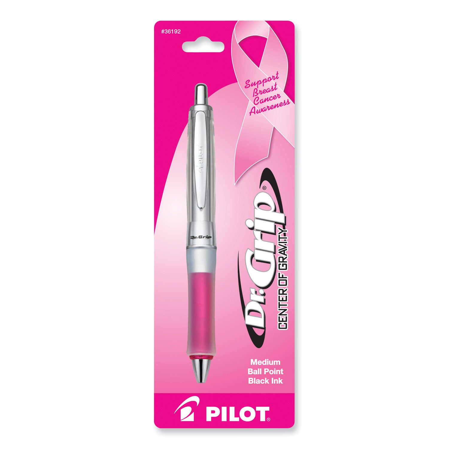 Pilot Dr. Grip Center of Gravity Breast Cancer Awareness Ballpoint Pen, Retractable, Medium 1mm, Black Ink, Silver/Pink Barrel (36192)