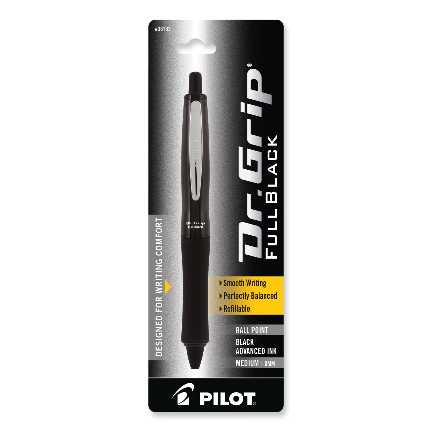 Pilot Dr. Grip FullBlack Advanced Ink Ballpoint Pen, Retractable, Medium 1 mm, Black Ink, Black Barrel (36193)