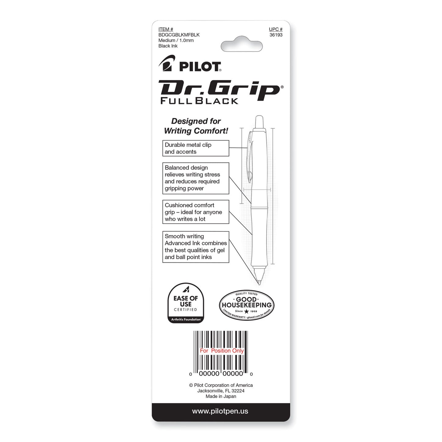 Pilot Dr. Grip FullBlack Advanced Ink Ballpoint Pen, Retractable, Medium 1 mm, Black Ink, Black Barrel (36193)