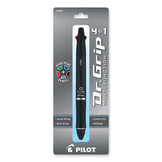 Pilot Dr. Grip 4 + 1 Multi-Color Ballpoint Pen/Pencil, Retractable, 0.7 mm Pen/0.5mm Pencil, Black/Blue/Green/Red Ink, Black Barrel (36220)