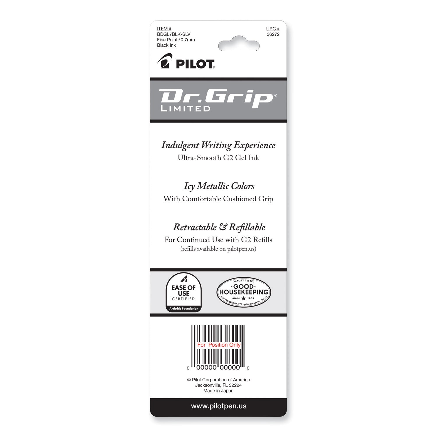 Pilot Dr. Grip Limited Gel Pen, Retractable, Fine 0.7 mm, Black Ink, Platinum Barrel (36272)