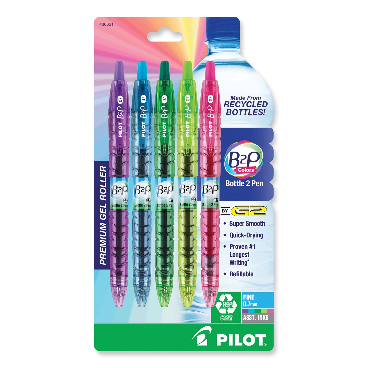 Pilot B2P Bottle-2-Pen Recycled Gel Pen, Retractable, Fine 0.7 mm, Assorted Ink and Barrel Colors, 5/Pack (36621)