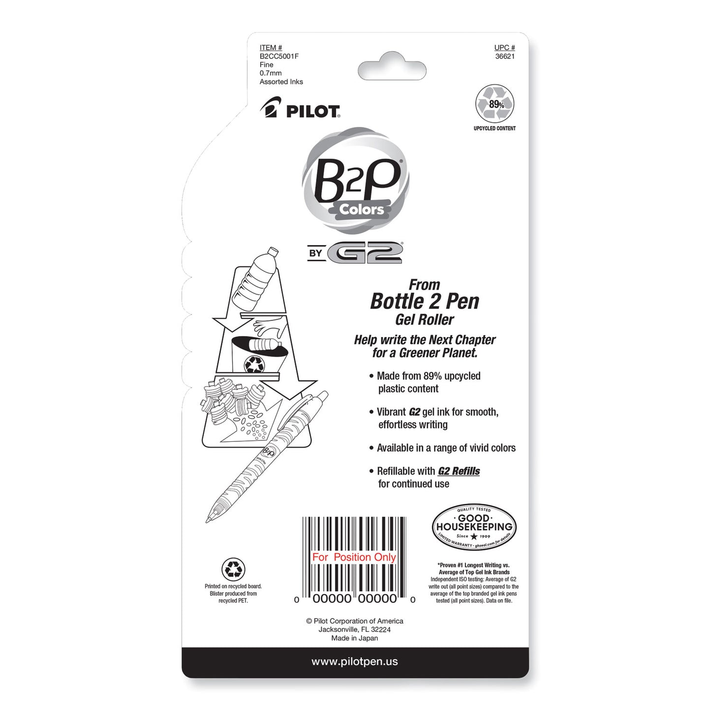 Pilot B2P Bottle-2-Pen Recycled Gel Pen, Retractable, Fine 0.7 mm, Assorted Ink and Barrel Colors, 5/Pack (36621)