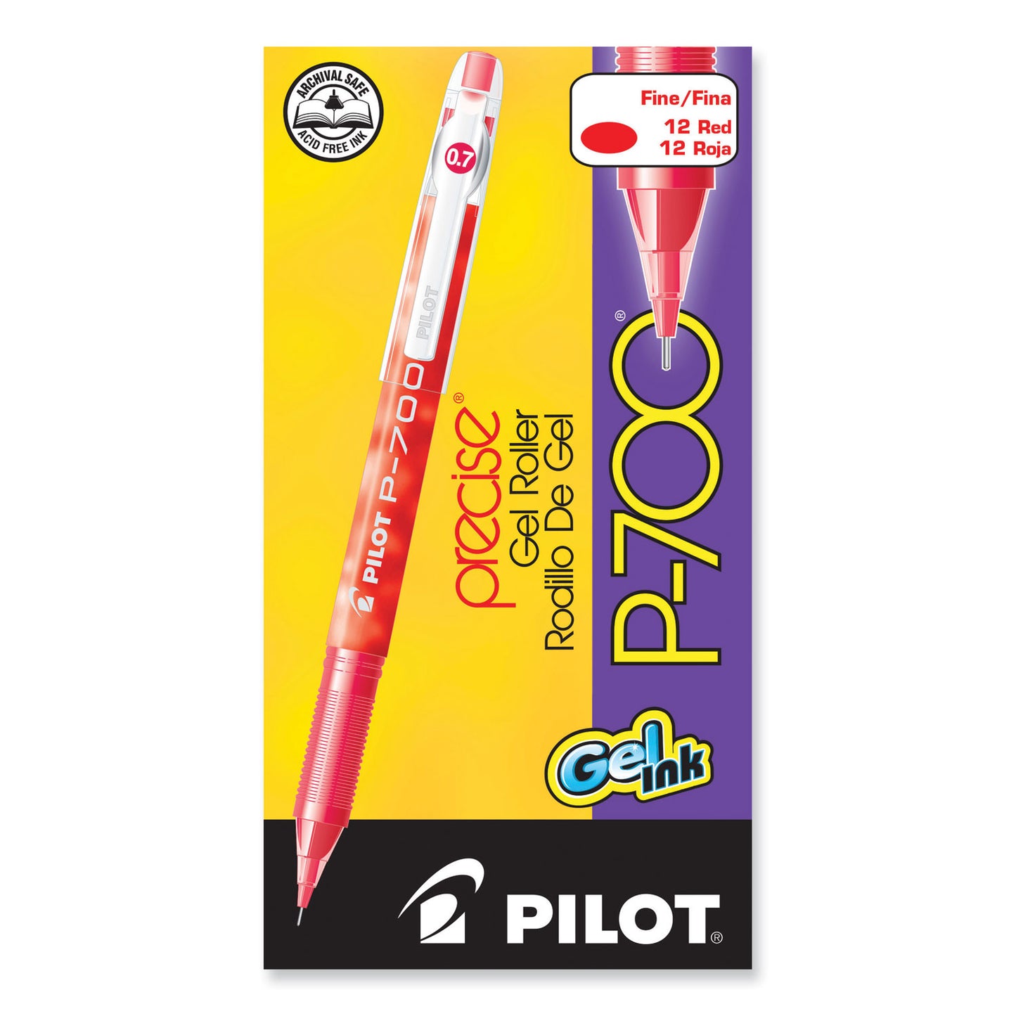 Pilot Precise P-700 Gel Pen, Stick, Fine 0.7 mm, Red Ink, Red Barrel, Dozen (38612)