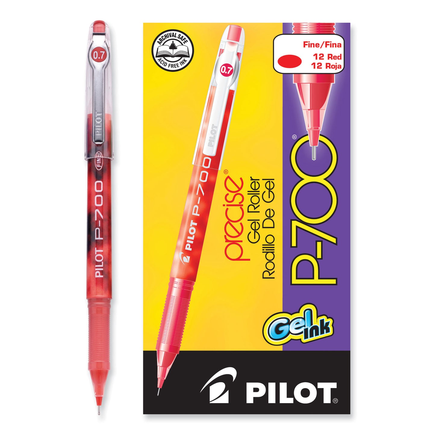 Pilot Precise P-700 Gel Pen, Stick, Fine 0.7 mm, Red Ink, Red Barrel, Dozen (38612)