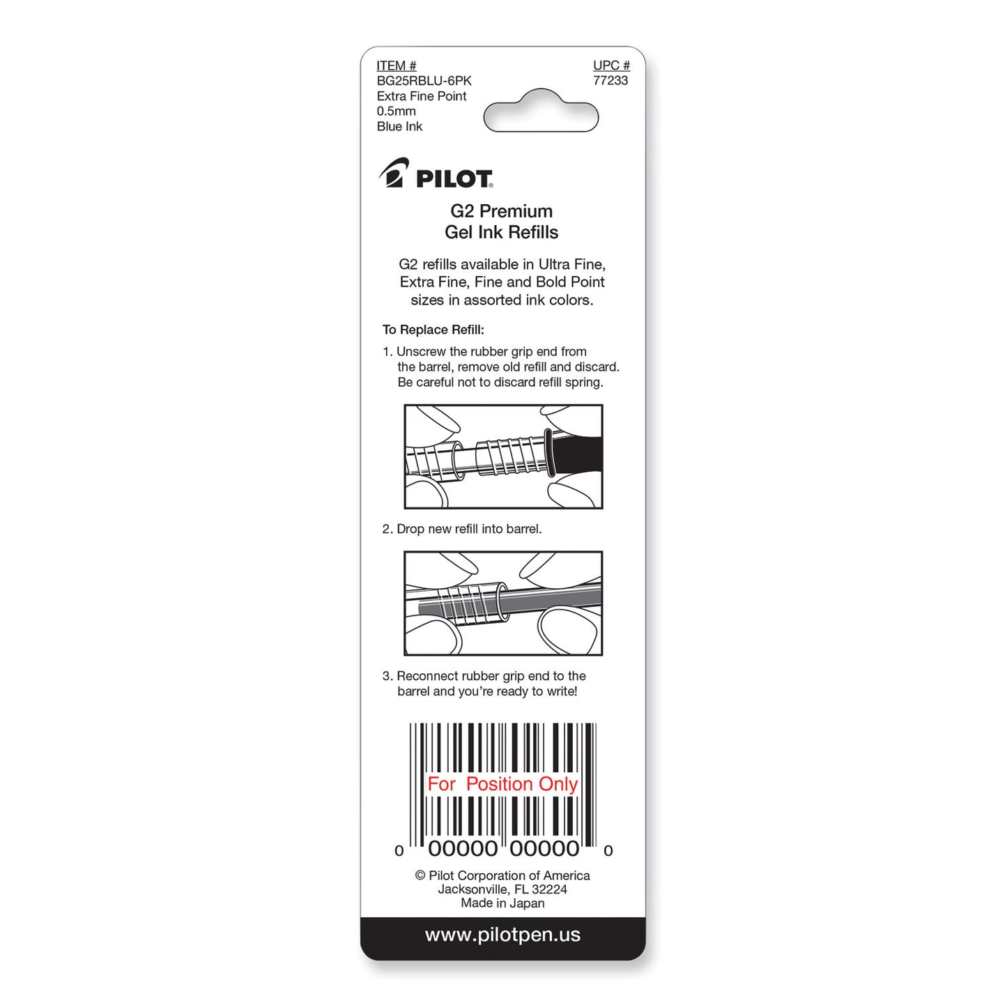 Refill for Pilot B2P, Dr Grip, G2, G6, MR Metropolitan, Precise BeGreen and Q7 Gel Pens, Extra-Fine Tip, Blue Ink, 2/Pack (77233)