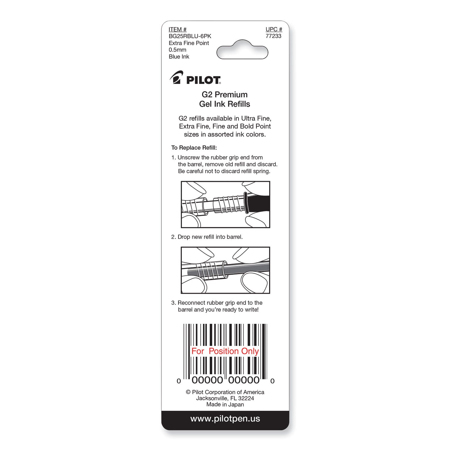 Refill for Pilot B2P, Dr Grip, G2, G6, MR Metropolitan, Precise BeGreen and Q7 Gel Pens, Extra-Fine Tip, Blue Ink, 2/Pack (77233)