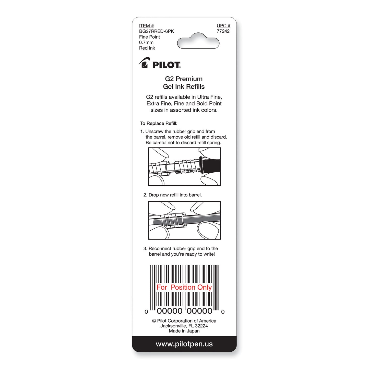 Refill for Pilot B2P, Dr Grip, G2, G6, MR Metropolitan, Precise BeGreen and Q7 Gel Pens, Fine Tip, Red Ink, 2/Pack (77242)