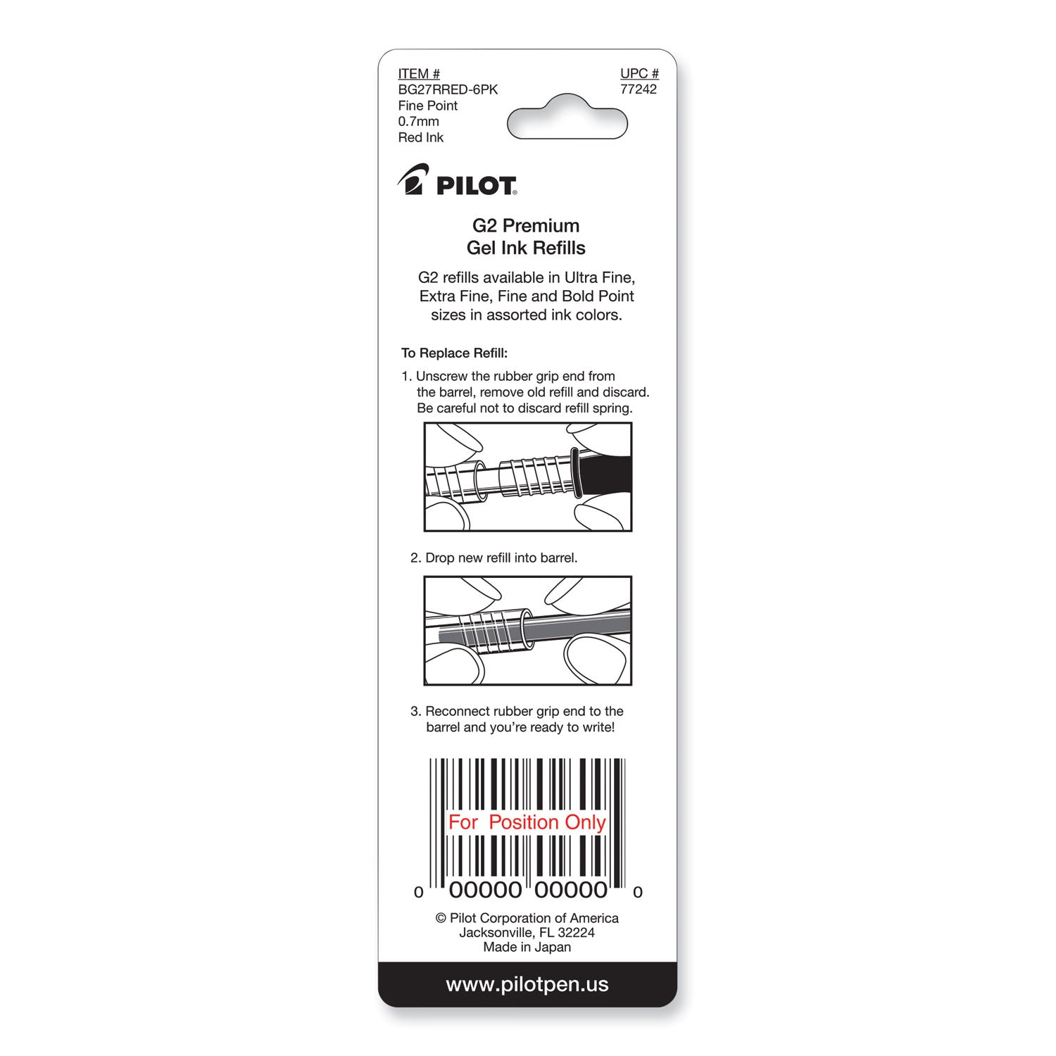 Refill for Pilot B2P, Dr Grip, G2, G6, MR Metropolitan, Precise BeGreen and Q7 Gel Pens, Fine Tip, Red Ink, 2/Pack (77242)