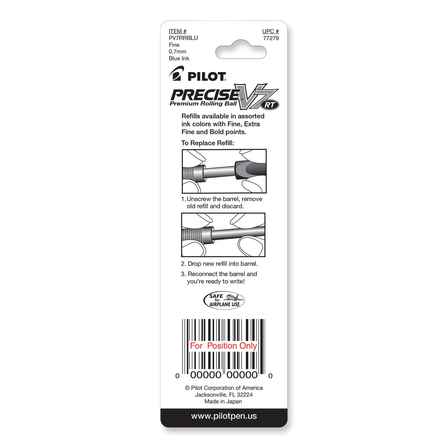 Refill for Pilot Precise V7 RT Rolling Ball, Fine Conical Tip, Blue Ink, 2/Pack (77279)