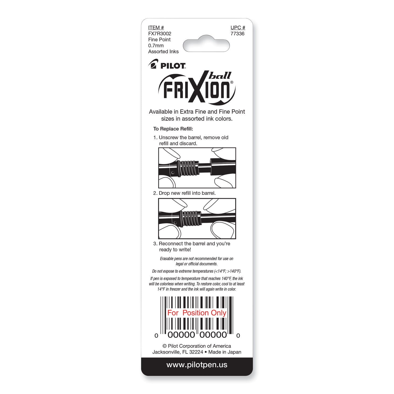 Refill for Pilot FriXion Erasable, FriXion Ball, FriXion Clicker and FriXion LX Gel Ink Pens, Fine Tip, Assorted Ink, 3/Pack (77336)
