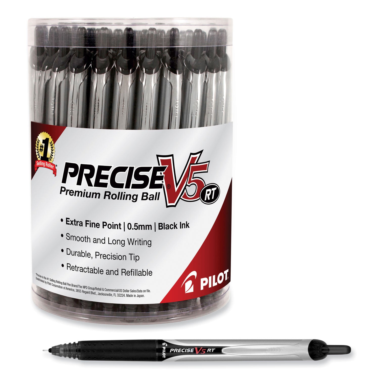 Pilot Precise V5RT Roller Ball Pen, Retractable, Extra-Fine 0.5 mm, Black Ink, Black Barrel, 30/Pack (84067)