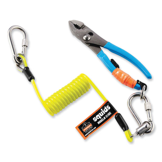 ergodyne Squids 3130S Coiled Cable Lanyard with Carabiners, 2 lb Max Working Capacity, 6.5" to 48" Long, Lime (19130)