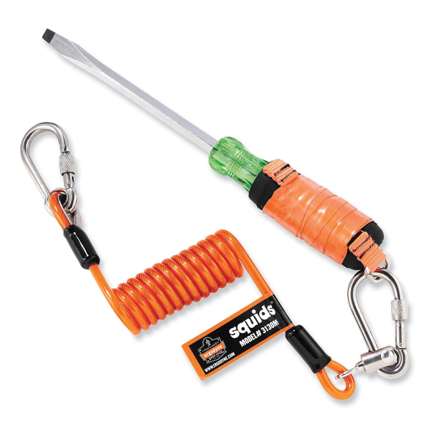 ergodyne Squids 3130M Coiled Cable Lanyard with Carabiners, 5 lb Max Working Capacity, 6.5" to 48" Long, Orange (19131)