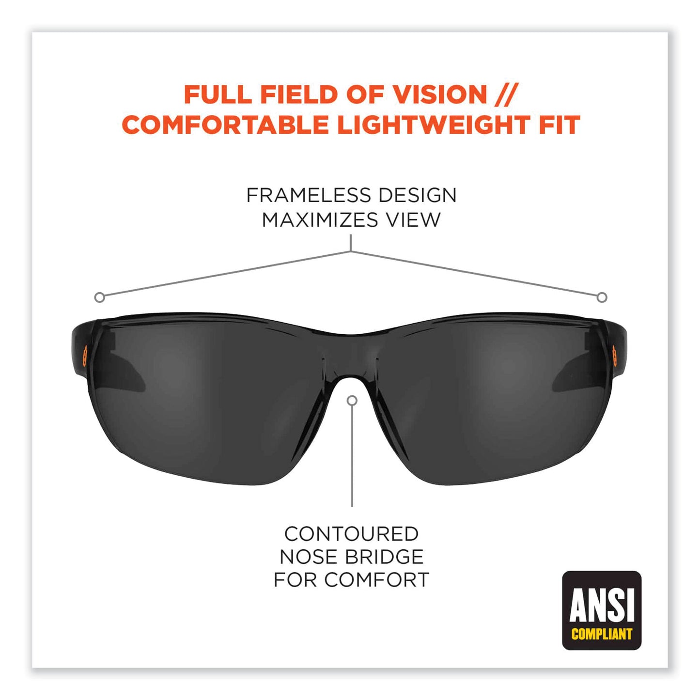 ergodyne Skullerz Vali Frameless Safety Glasses, Black Nylon Impact Frame, Anti-Fog Smoke, Polycarbonate Lens (59233)