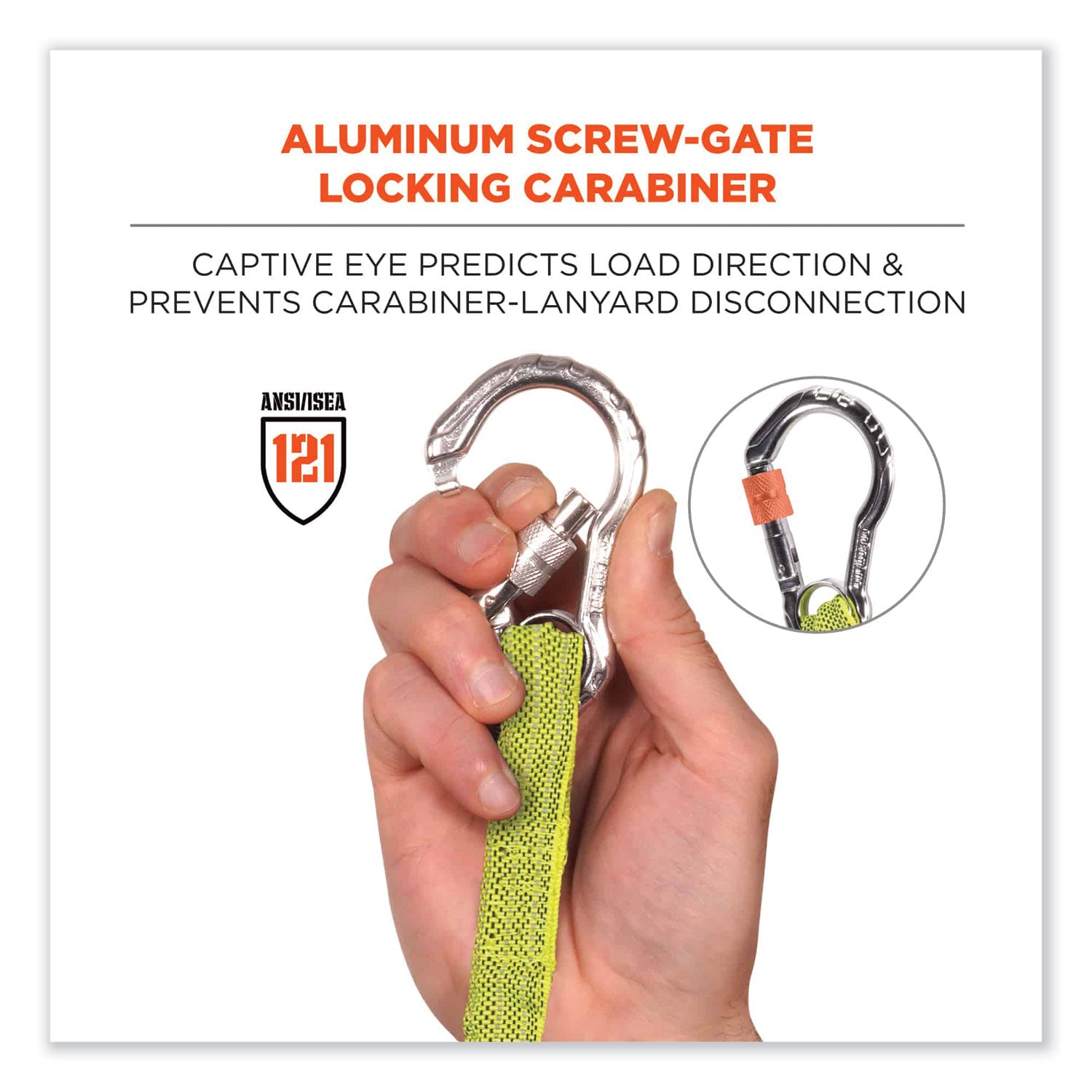 ergodyne Squids 3100 Lanyard with Aluminum Carabiner + Cinch-Loop, 10 lb Max Working Capacity, 42" to 54" Long, Lime (19013)