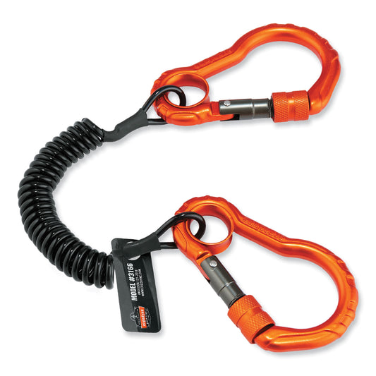 ergodyne Squids 3166 Coiled Tool Lanyard with Two Carabiners, 2 lb Max Working Capacity, 12" Long, Black (19162)