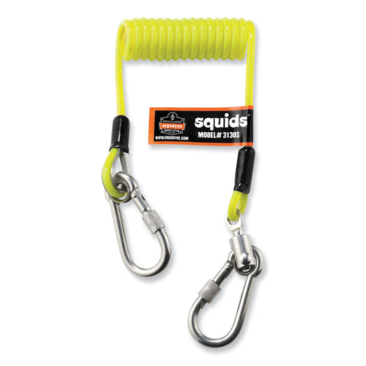 ergodyne Squids 3130S Coiled Cable Lanyard with Carabiners, 2 lb Max Working Capacity, 6.5" to 48" Long, Lime (19130)