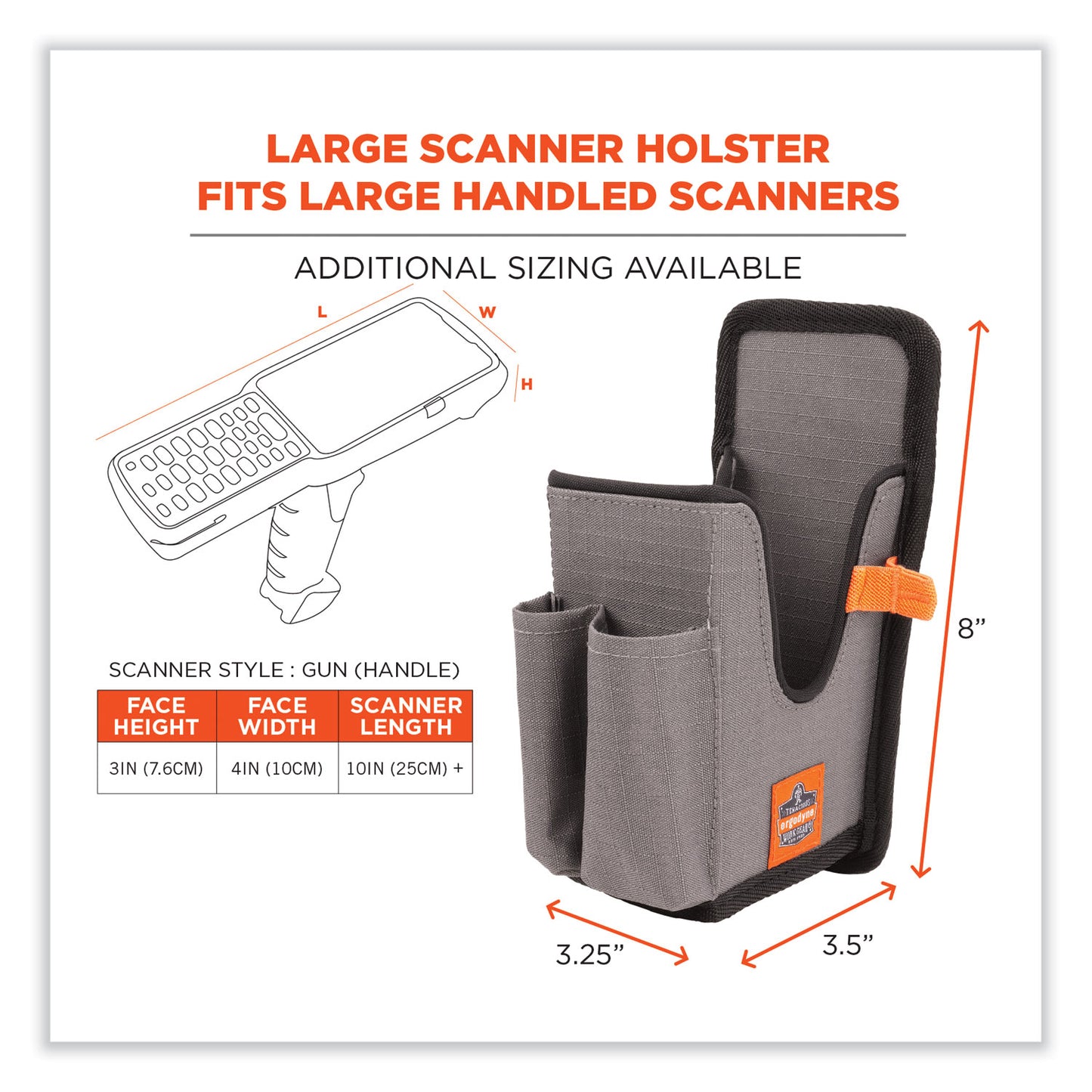 ergodyne Squids 5541 Handheld Barcode Scanner Holster with Belt Clip, Large, 2 Compartments, 2.75 x 3.5 x 8, Polyester,Gray (19183)