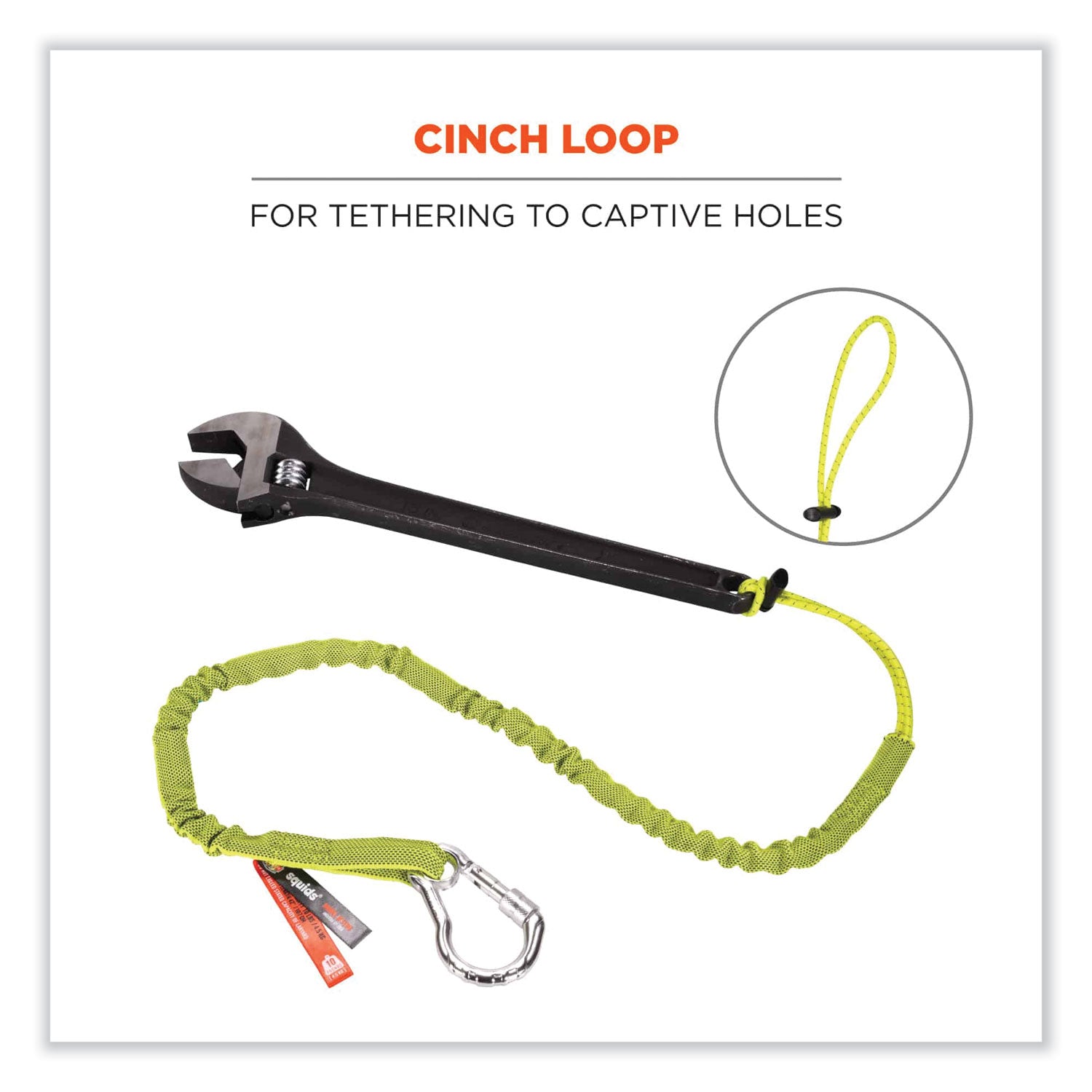 ergodyne Squids 3100 Lanyard with Aluminum Carabiner + Cinch-Loop, 10 lb Max Working Capacity, 35" to 45" Long, Lime (19003)