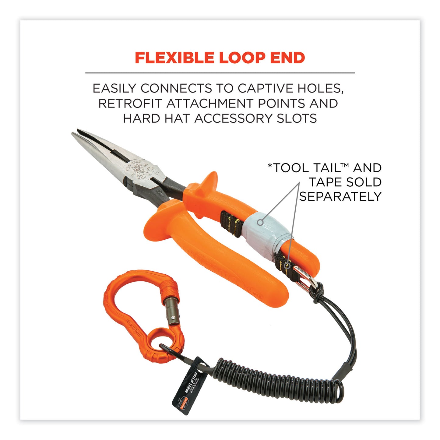 ergodyne Squids 3156 Coiled Tool Lanyard with Carabiner, 2 lb Max Work Capacity, 12" to 48", Black/Orange (19161)