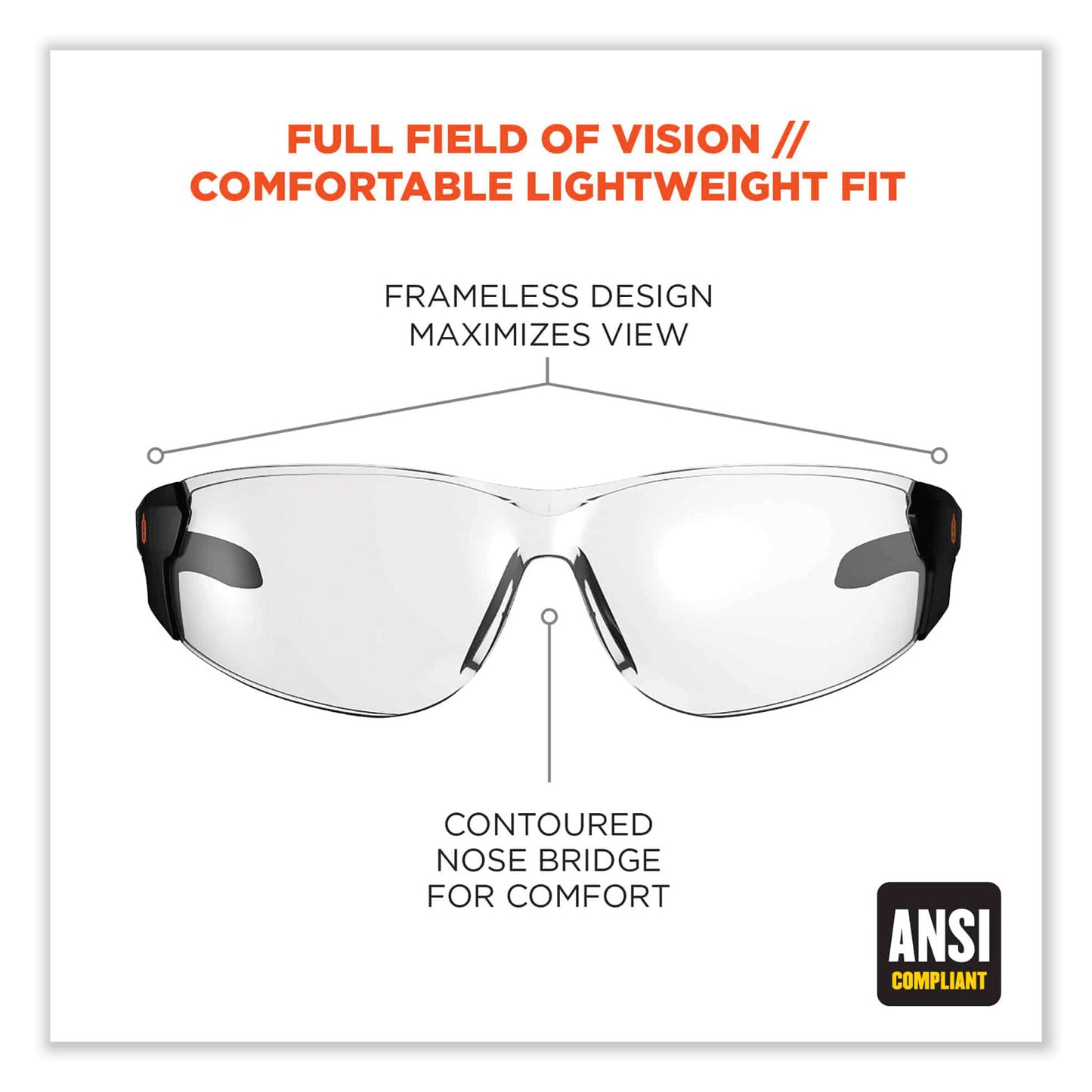 ergodyne Skullerz Saga Frameless Safety Glasses, Black Nylon Impact Frame, Anti-Fog Clear Polycarbonate Lens (59103)