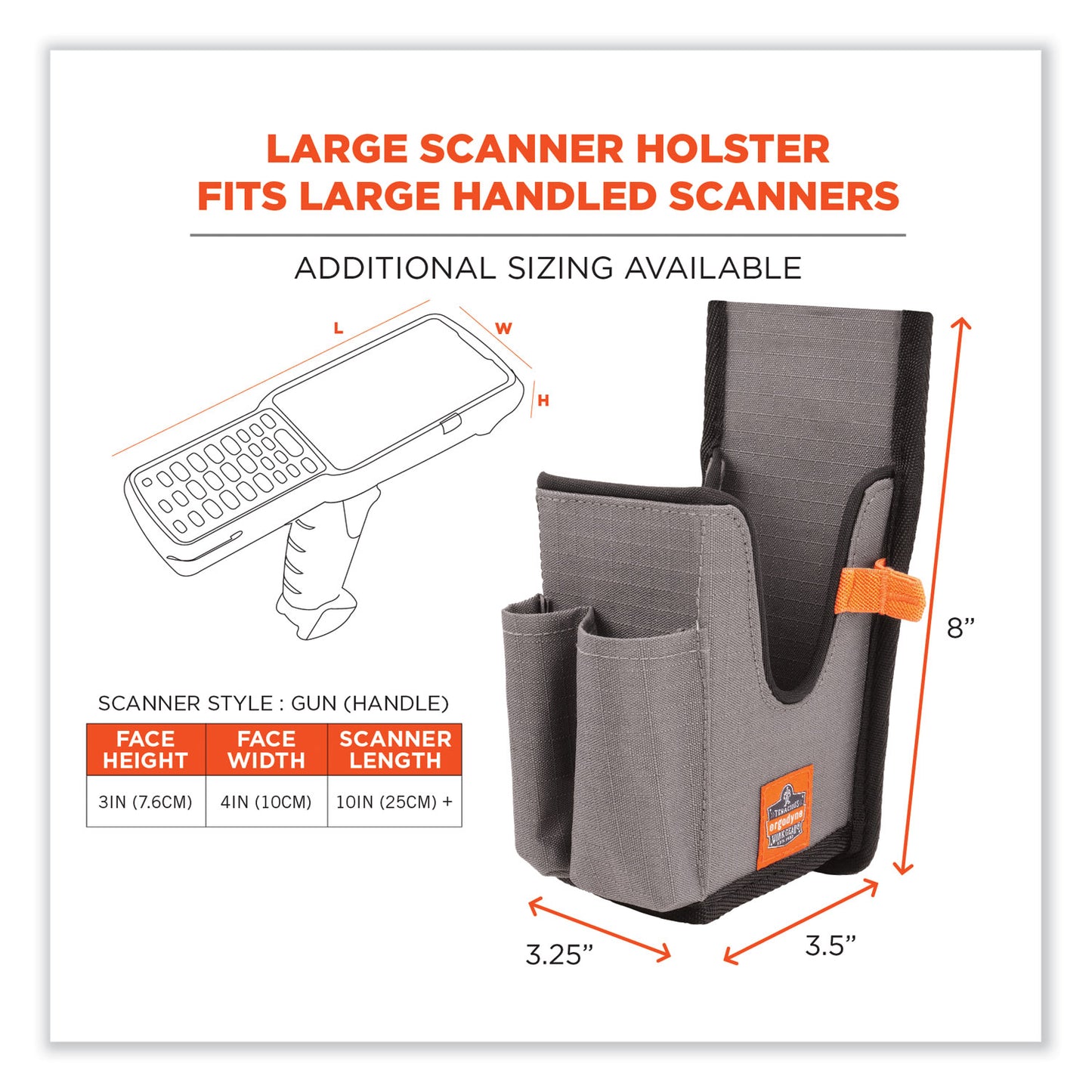 ergodyne Squids 5540 Handheld Barcode Scanner Holster with Belt Loop, Large, 2.75 x 3.5 x 8, Polyester, Gray (19181)