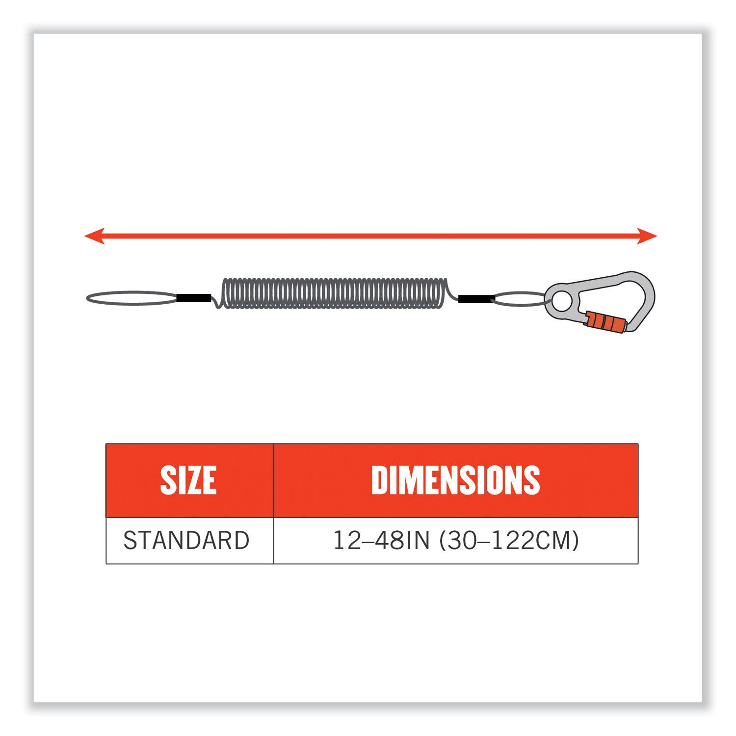 ergodyne Squids 3156 Coiled Tool Lanyard with Carabiner, 2 lb Max Work Capacity, 12" to 48", Black/Orange (19161)