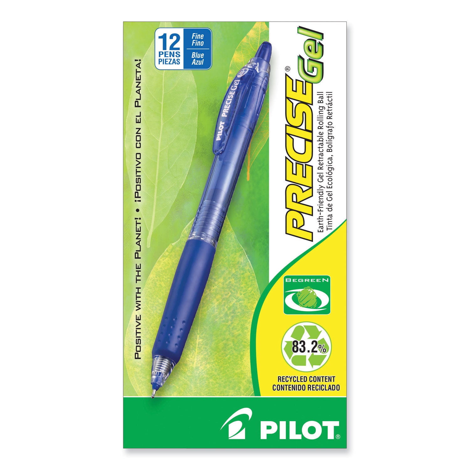 Pilot Precise Gel BeGreen Gel Pen, Retractable, Fine 0.7 mm, Blue Ink, Translucent Blue Barrel, Dozen (15002)