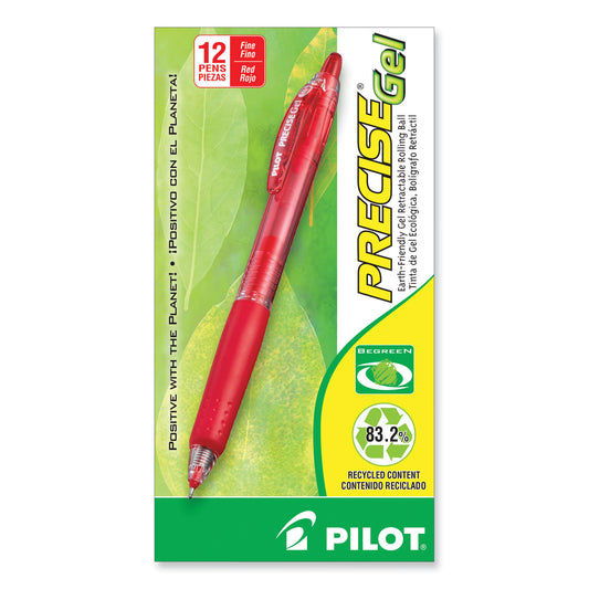 Pilot Precise Gel BeGreen Gel Pen, Retractable, Fine 0.7 mm, Red Ink, Translucent Red Barrel, Dozen (15003)