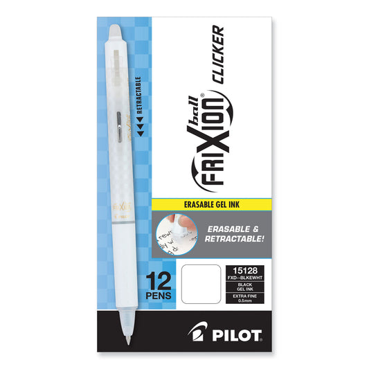 Pilot FriXion Clicker Design Erasable Gel Pen, Retractable, Extra-Fine 0.5 mm, Black Ink, White Barrel, Dozen (15128)