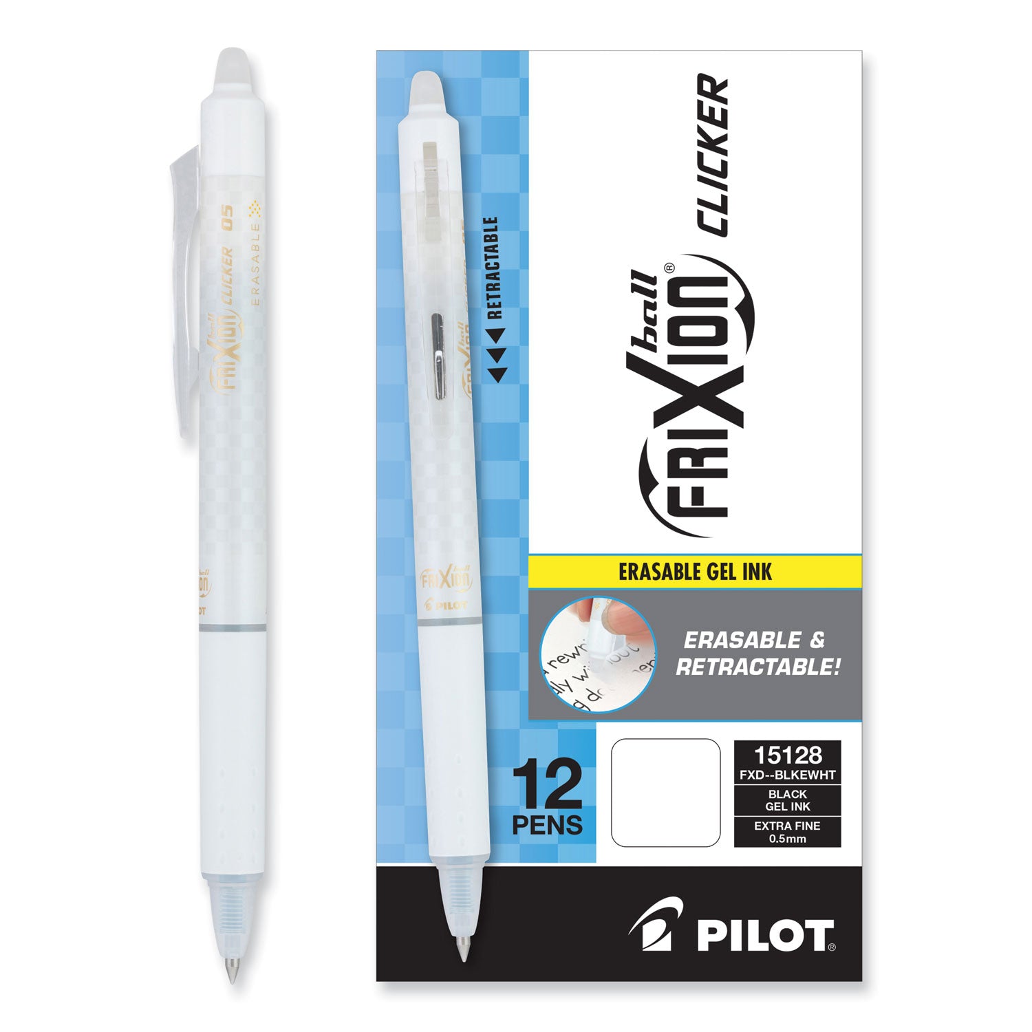 Pilot FriXion Clicker Design Erasable Gel Pen, Retractable, Extra-Fine 0.5 mm, Black Ink, White Barrel, Dozen (15128)