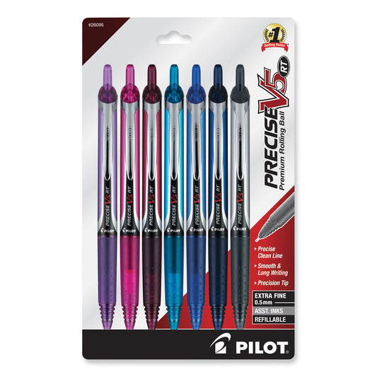 Pilot Precise V5RT Roller Ball Pen, Retractable, Extra-Fine 0.5 mm, Assorted Ink and Barrel Colors, 7/Pack (26095)