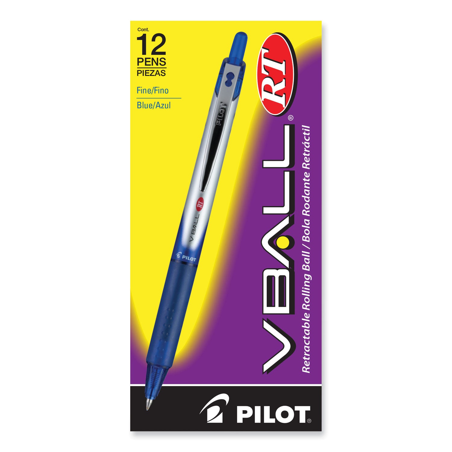 Pilot VBall RT Liquid Ink Roller Ball Pen, Retractable, Fine 0.7 mm, Blue Ink, Blue/White Barrel (26207)