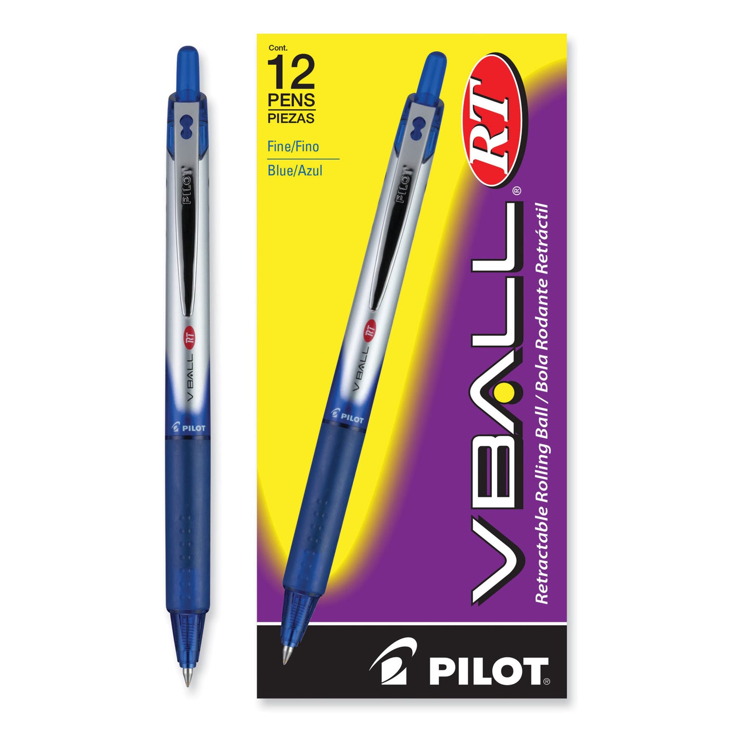 Pilot VBall RT Liquid Ink Roller Ball Pen, Retractable, Fine 0.7 mm, Blue Ink, Blue/White Barrel (26207)