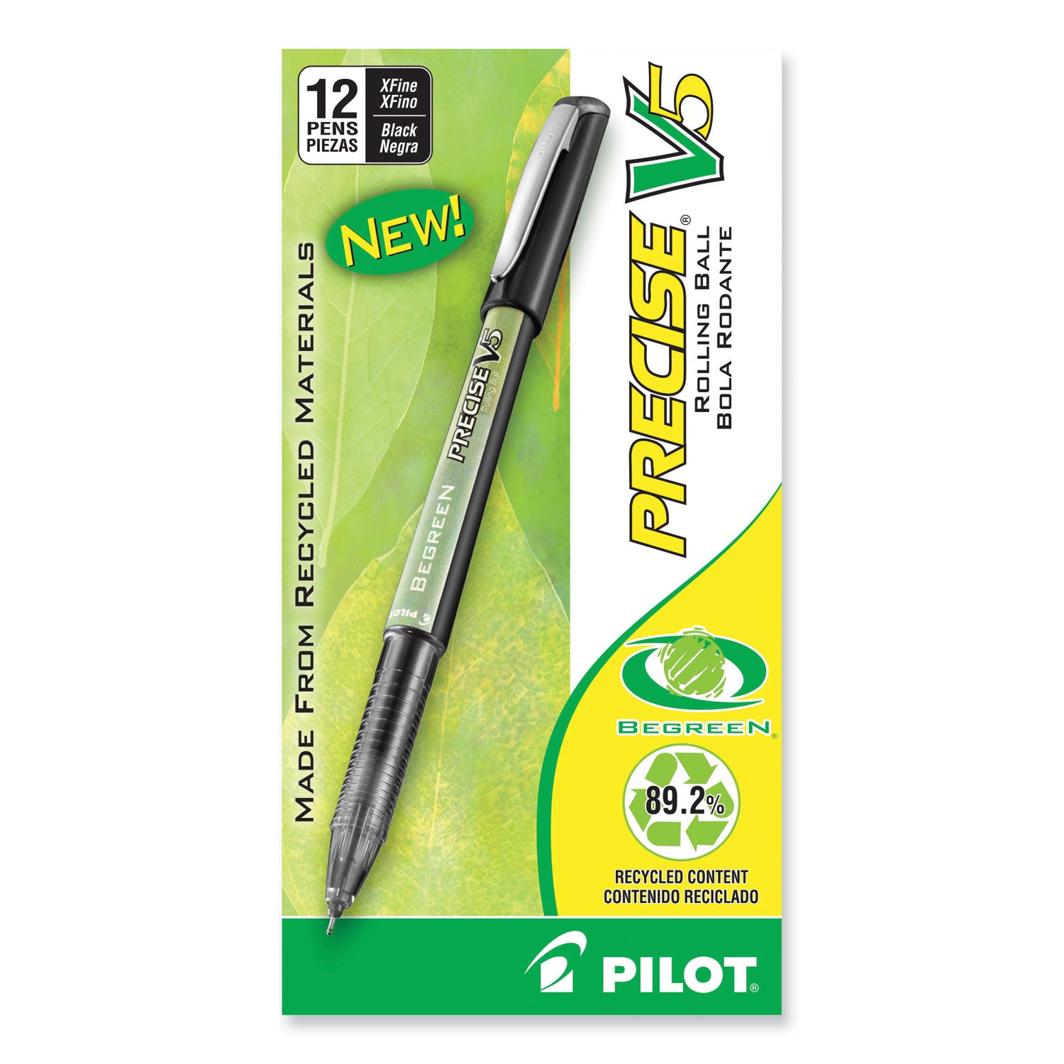 Pilot Precise V5 BeGreen Roller Ball Pen, Stick, Extra-Fine 0.5 mm, Black Ink, Black Barrel, Dozen (26300)