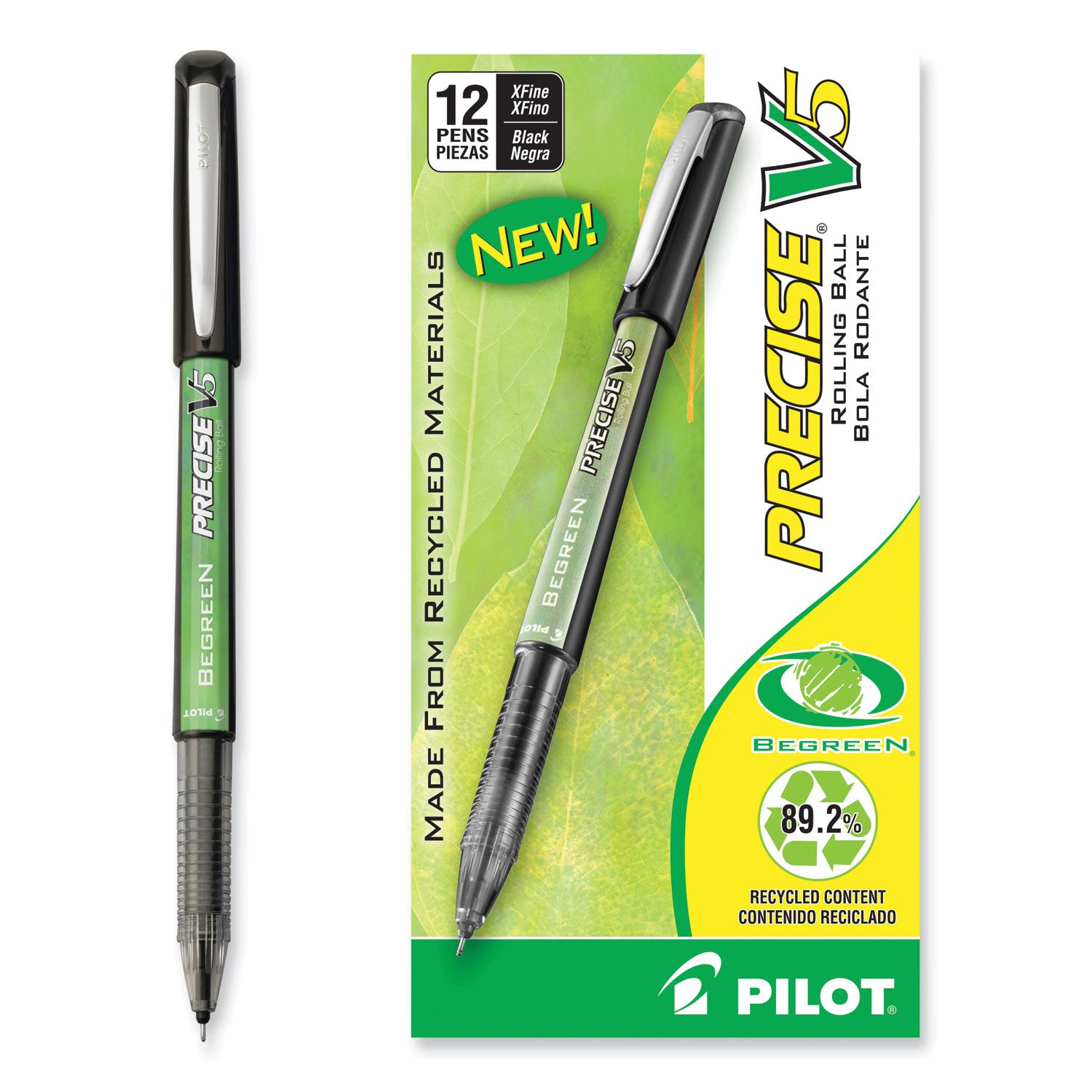 Pilot Precise V5 BeGreen Roller Ball Pen, Stick, Extra-Fine 0.5 mm, Black Ink, Black Barrel, Dozen (26300)