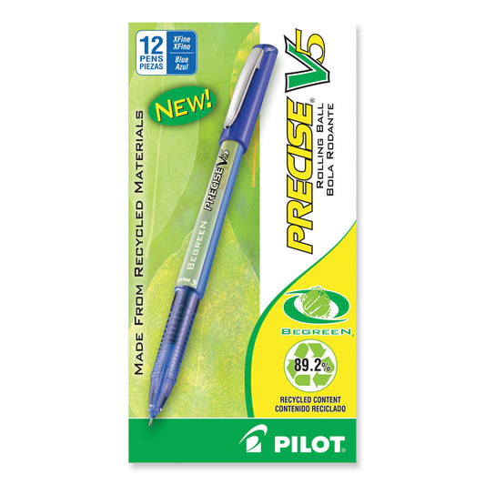 Pilot Precise V5 BeGreen Roller Ball Pen, Stick, Extra-Fine 0.5 mm, Blue Ink, Blue Barrel, Dozen (26301)