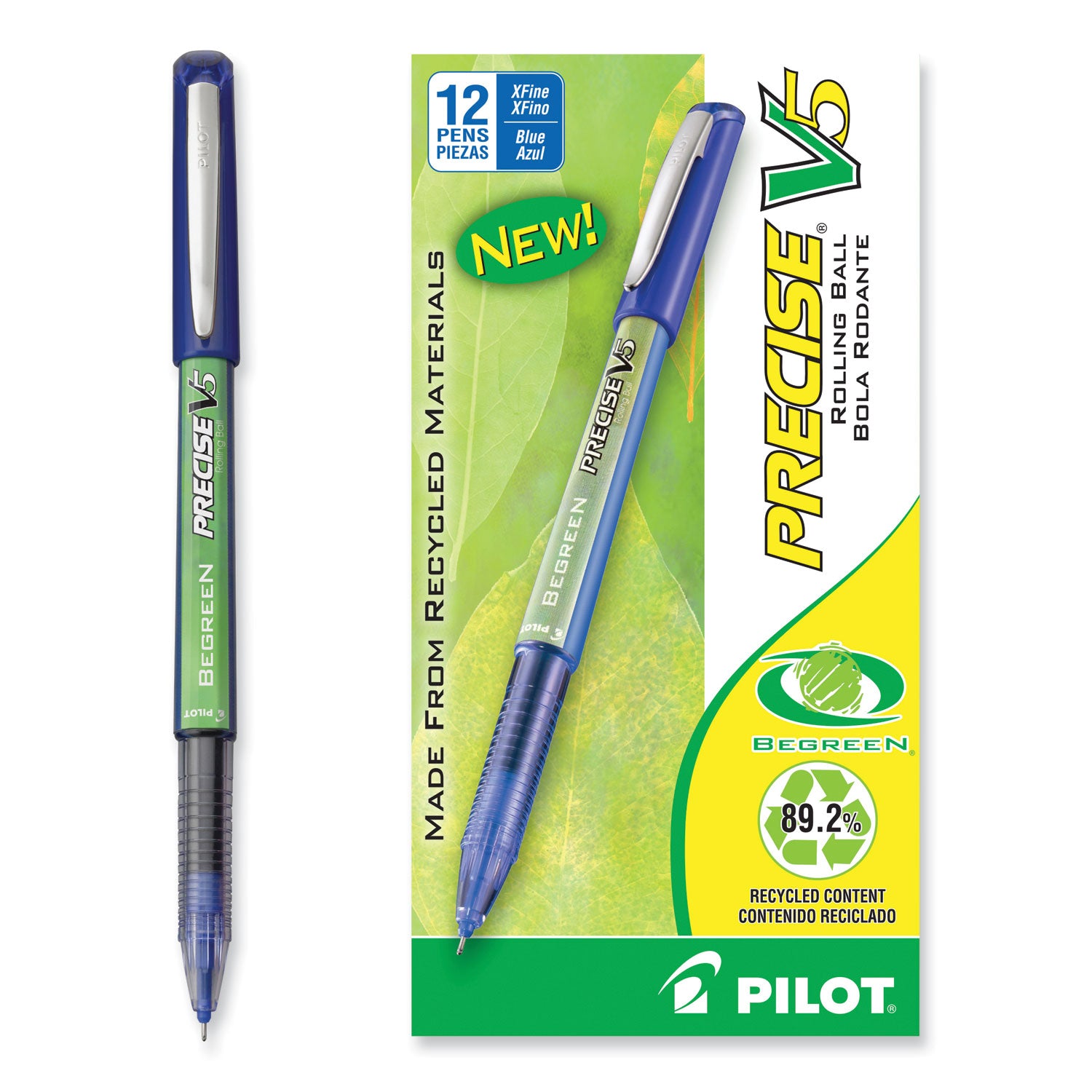 Pilot Precise V5 BeGreen Roller Ball Pen, Stick, Extra-Fine 0.5 mm, Blue Ink, Blue Barrel, Dozen (26301)