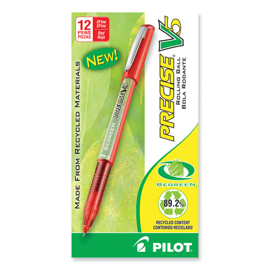 Pilot Precise V5 BeGreen Roller Ball Pen, Stick, Extra-Fine 0.5 mm, Red Ink, Red Barrel, Dozen (26302)