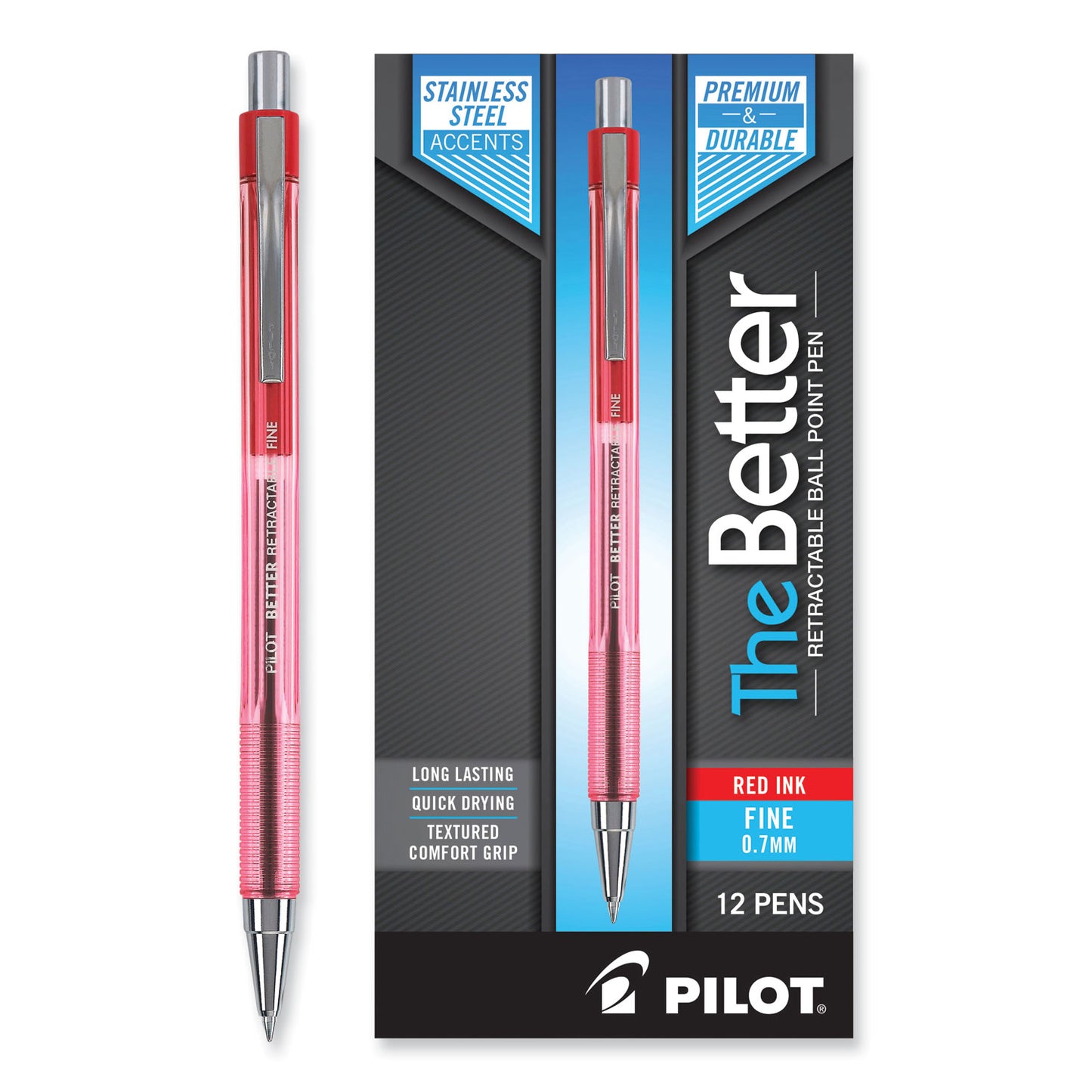 Pilot Better Ballpoint Pen, Retractable, Fine 0.7 mm, Red Ink, Translucent Red Barrel, Dozen (30002)