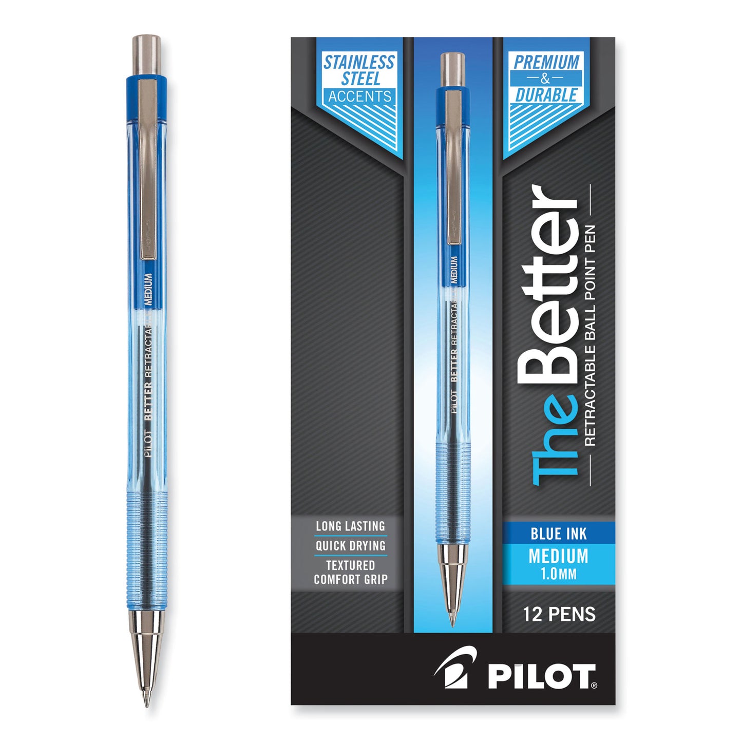 Pilot Better Ballpoint Pen, Retractable, Medium 1 mm, Blue Ink, Translucent Blue Barrel, Dozen (30006)