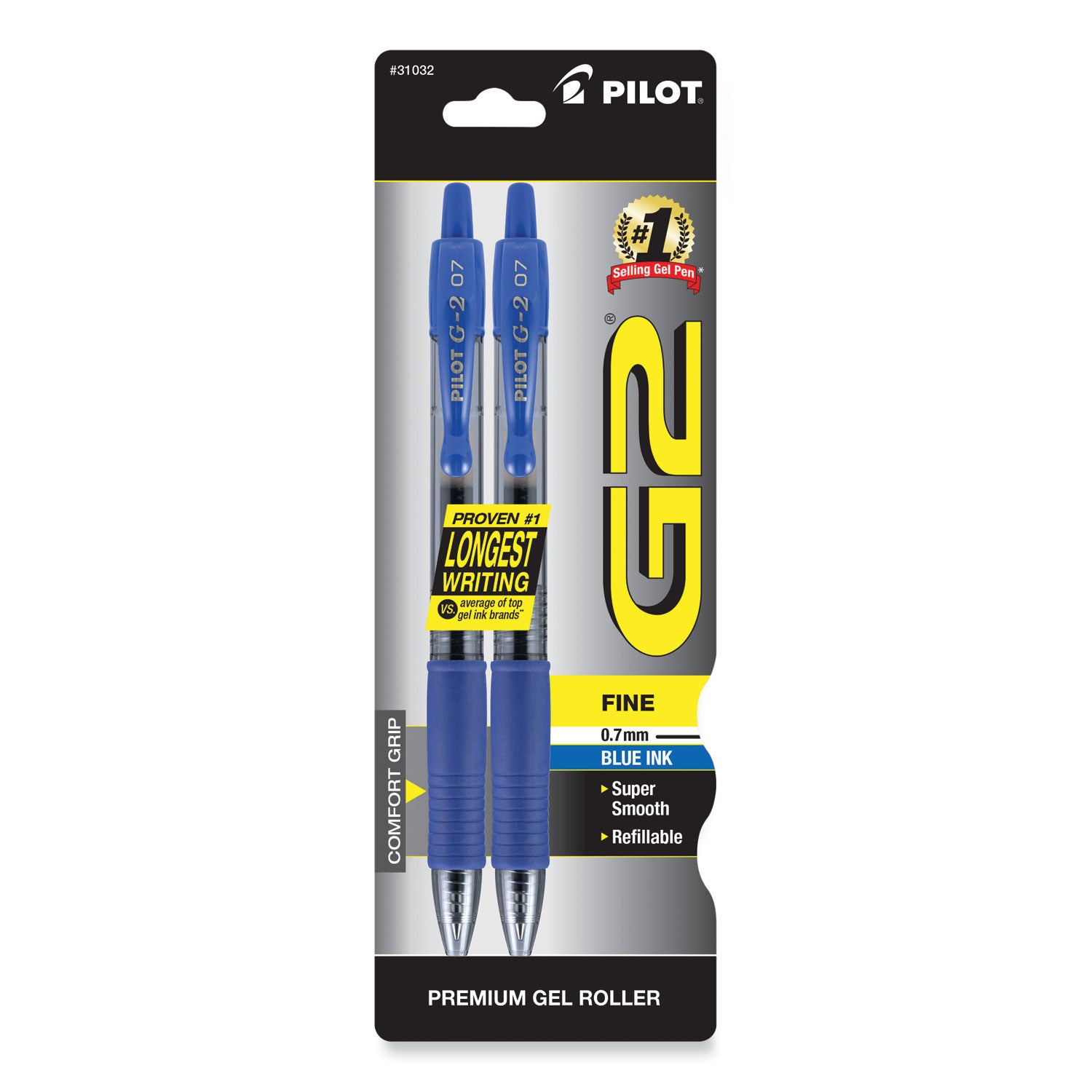 Pilot G2 Premium Gel Pen, Retractable, Fine 0.7 mm, Blue Ink, Smoke/Blue Barrel, 2/Pack (31032)