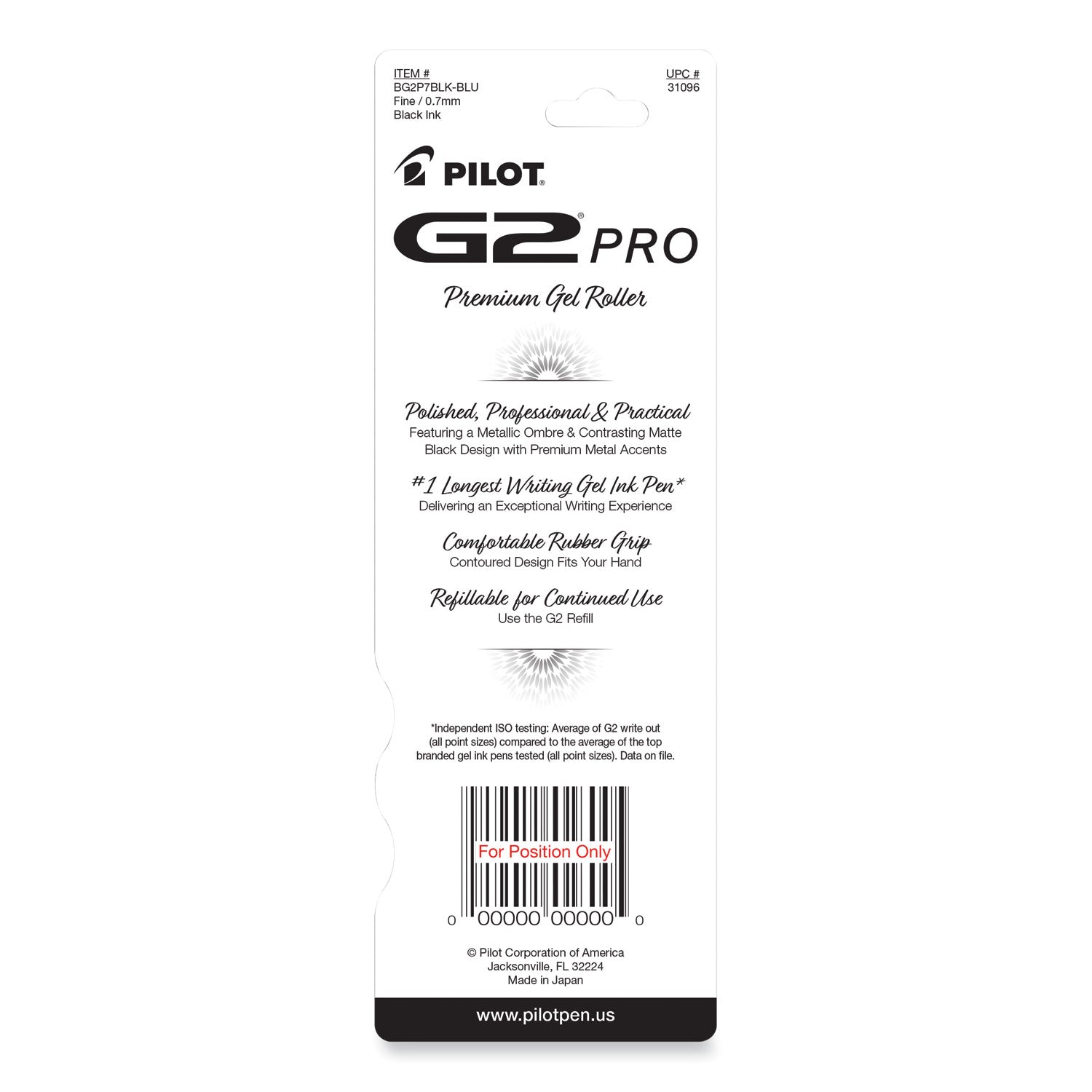 Pilot G2 Pro Gel Pen, Retractable, Fine 0.7 mm, Black Ink, Blue Barrel (31096)