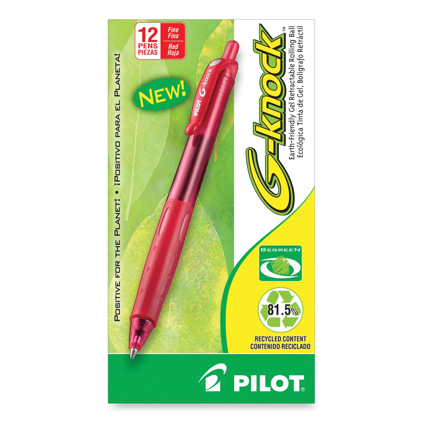 Pilot G-Knock BeGreen Gel Pen, Retractable, Fine 0.7 mm, Red Ink, Translucent Red/Red Barrel, Dozen (31508)