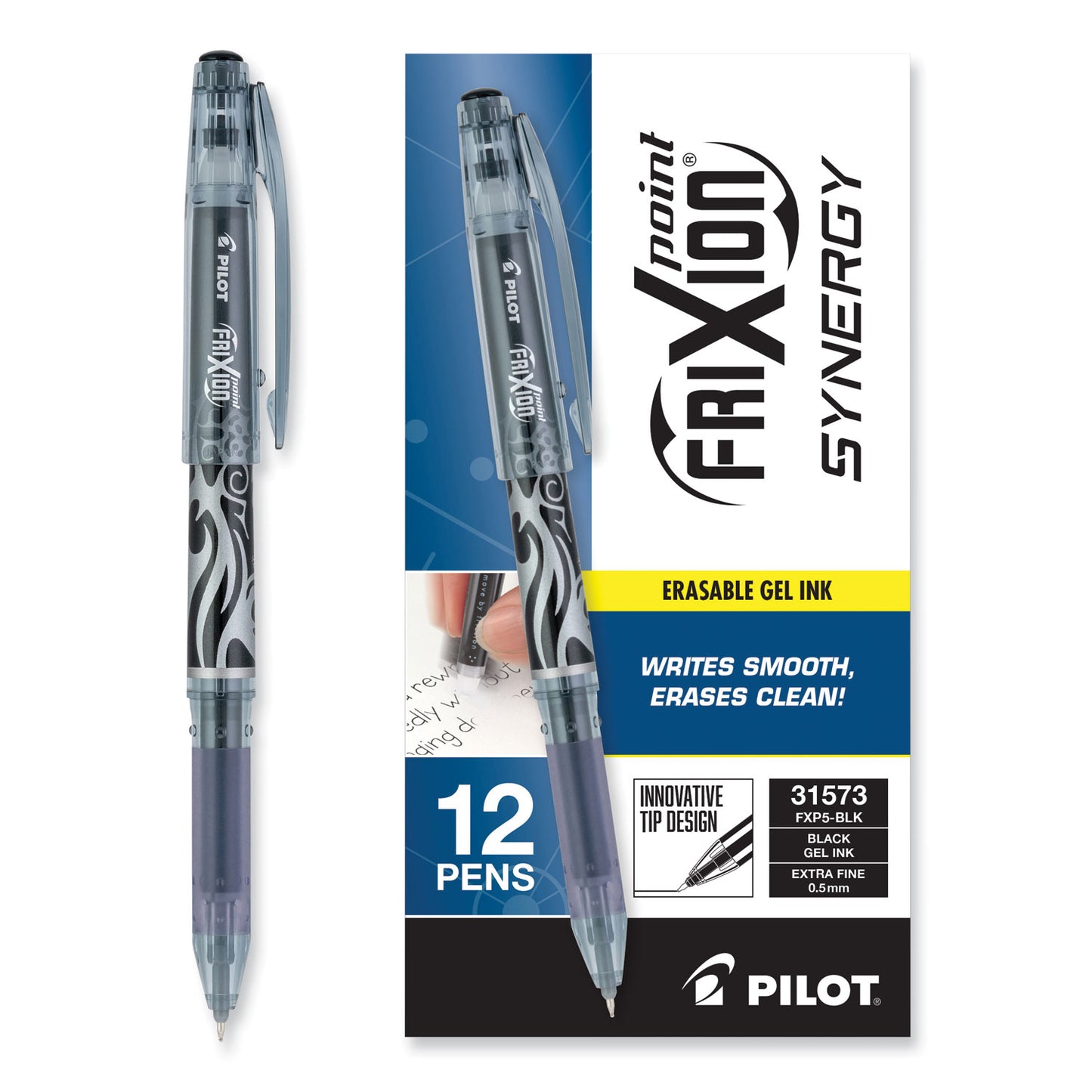 Pilot FriXion Point Erasable Gel Pen, Stick, Extra-Fine 0.5 mm, Black Ink, Black/Silver/Smoke Barrel (31573)