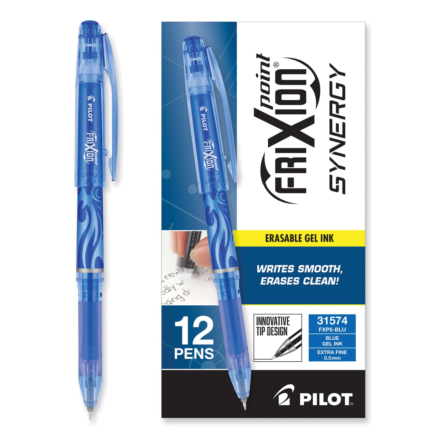 Pilot FriXion Point Erasable Gel Pen, Stick, Extra-Fine 0.5 mm, Blue Ink, Blue/Silver/Transparent Blue Barrel (31574)