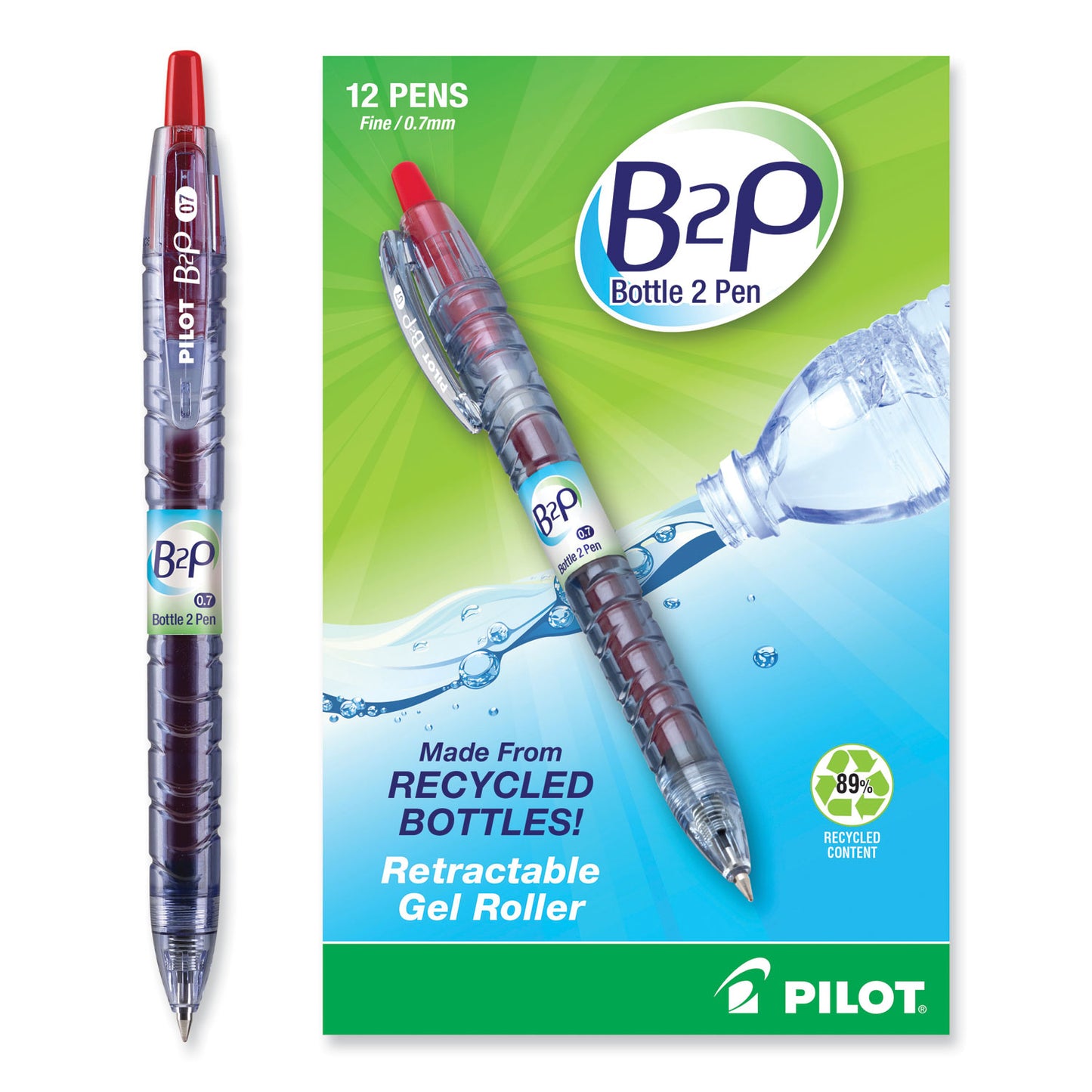 Pilot B2P Bottle-2-Pen Recycled Gel Pen, Retractable, Fine 0.7 mm, Red Ink, Translucent Blue Barrel (31602)