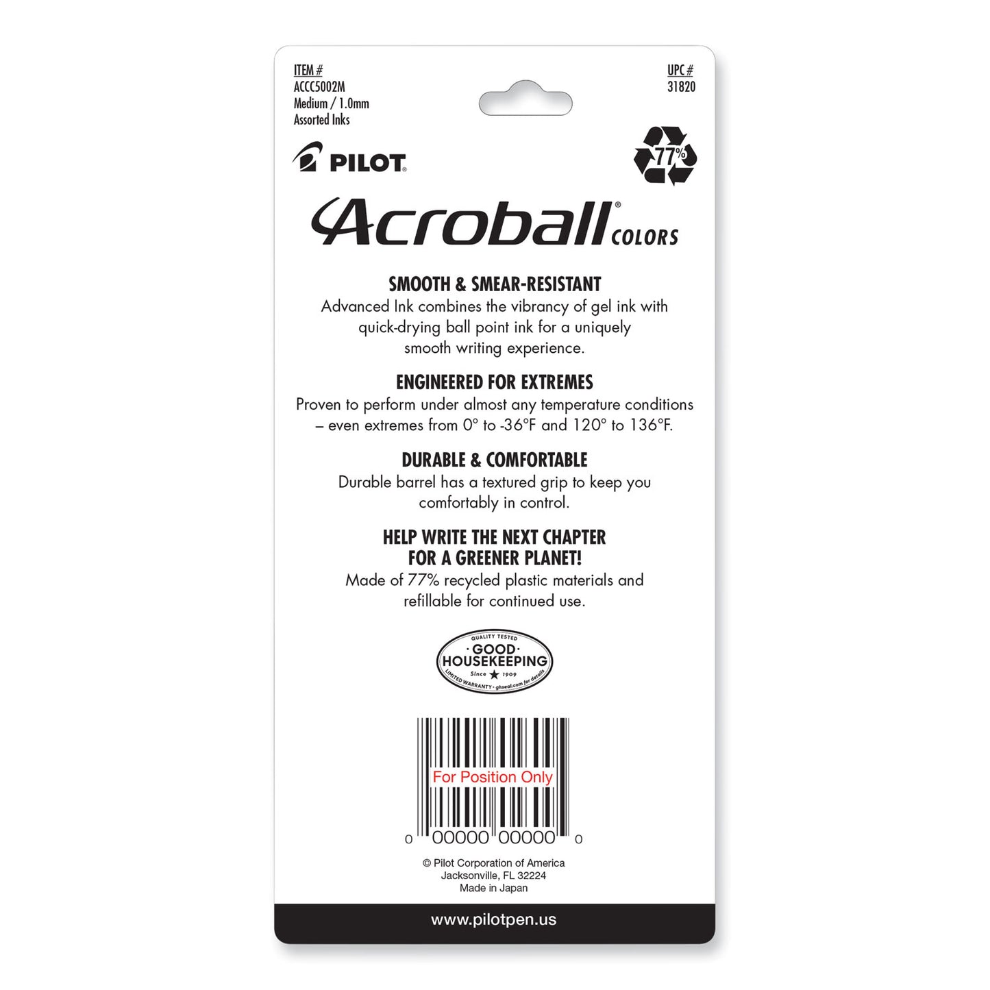 Pilot Acroball Colors Advanced Ink Hybrid Gel Pen, Retractable, Medium 1 mm, Assorted Ink and Barrel Colors, 5/Pack (31820)